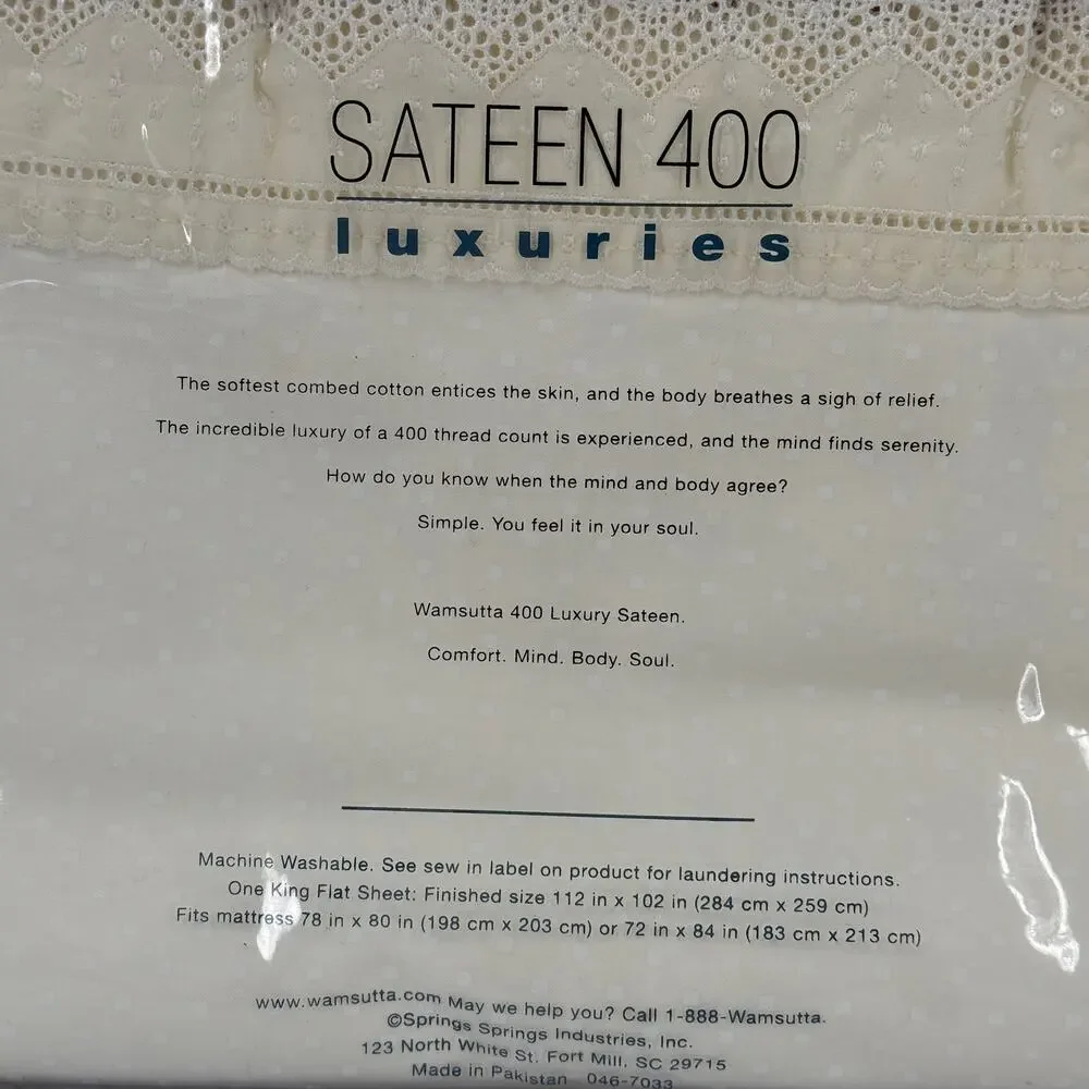 Wamsutta Sateen 400 King Flat Sheet 400TC Pima Cotton Spa Lace Trim Dot